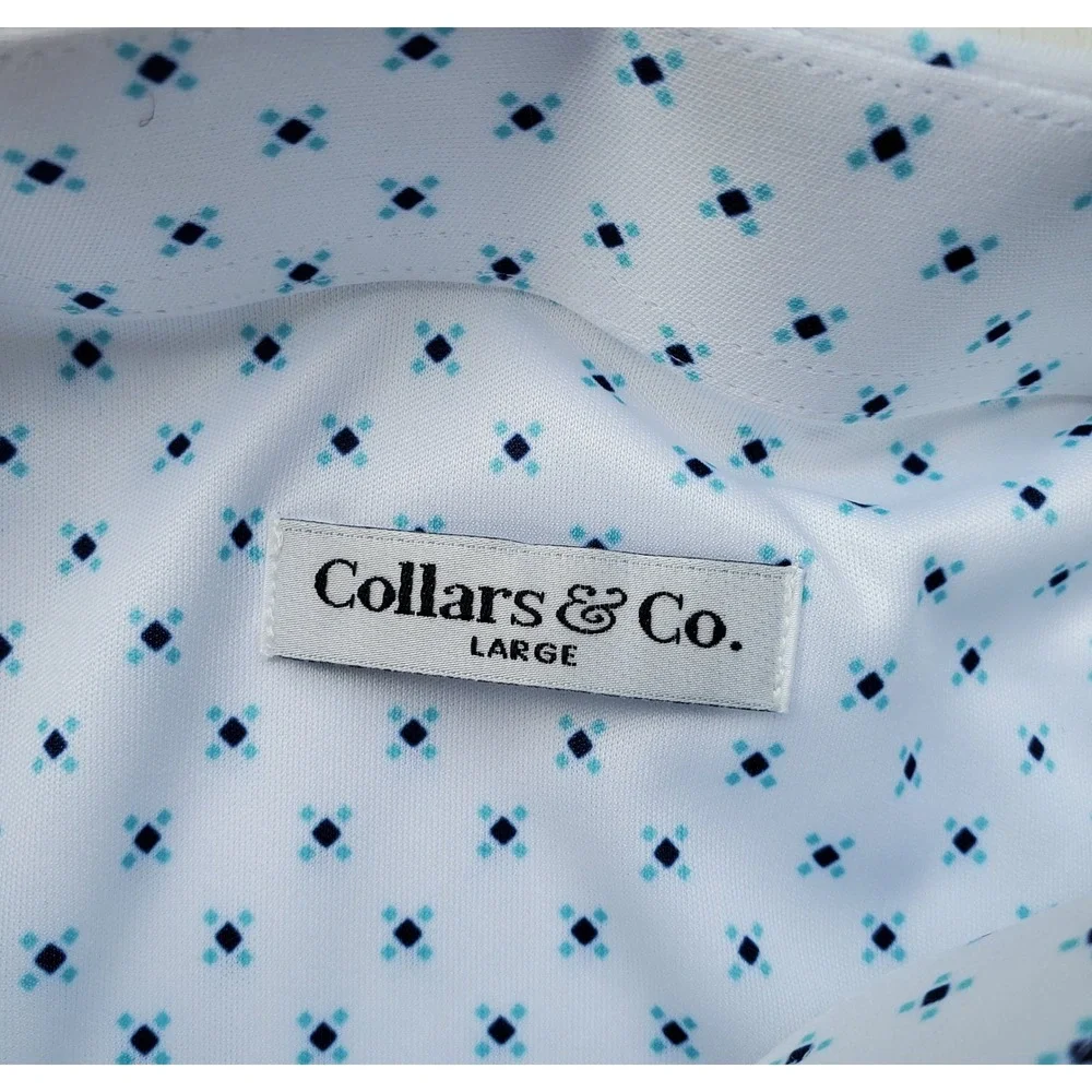 Collars & Co Mens Dress Collar Polo Shirt White Blue Diamond Print Large NWT